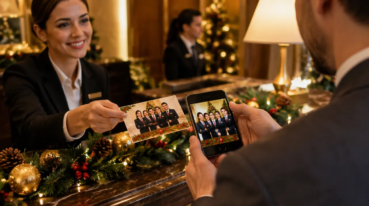 Gość hotelowy kieruje telefon na kartkę od personelu recepcji